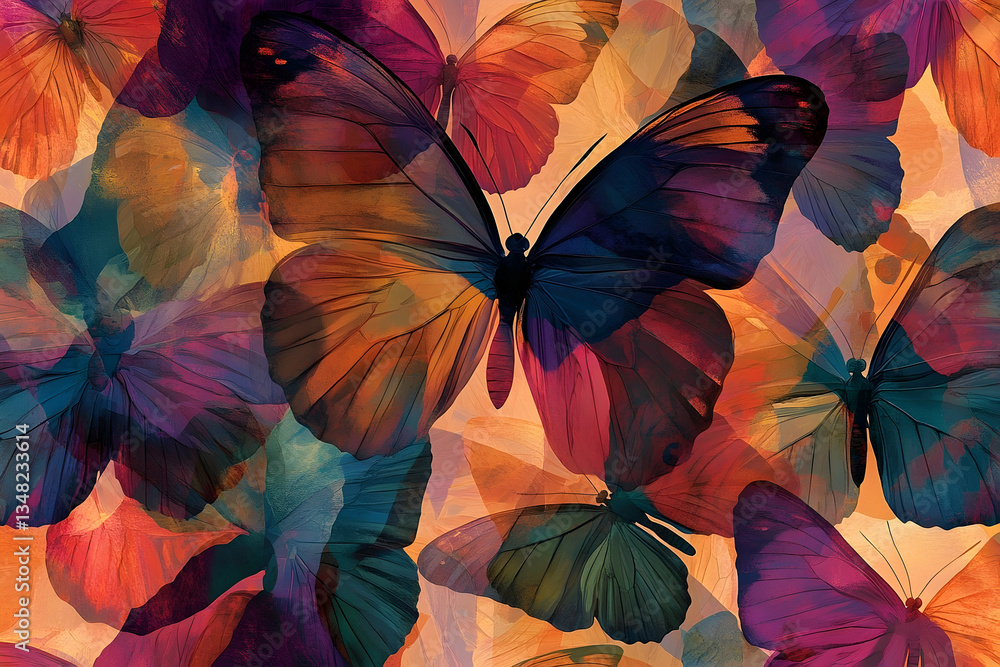 Poster artistic rendition of colorful butterflies in abstract composition