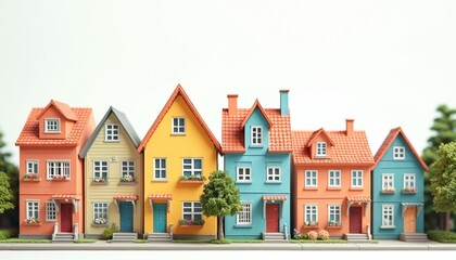 Fototapeta premium Charming row colorful houses. Each house painted in vibrant hues. Miniature model of residential buildings. Home, property, real estate, housing, construction, architecture concept.