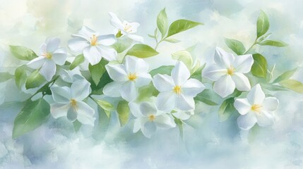 Obraz premium Delicate white flowers in soft pastel colors, evoking a serene spring or summer mood. A gentle floral arrangement against a hazy, light blue backdrop