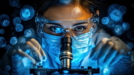Scientist in lab coat with microscope under blue, ethereal light, focused