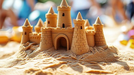 Sandcastle detailed, tan structure with towers and arches, blurred beach backdrop