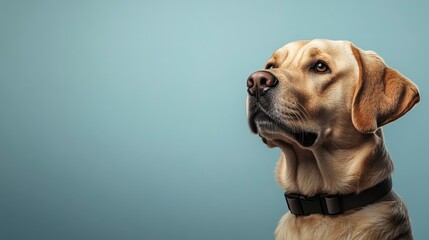 Labrador Retriever Headshot Looking Upward with Collar Against Soft Blue Backdrop