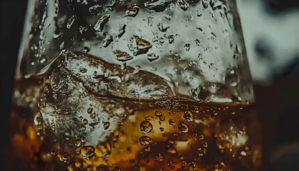 Close-up shot of condensation on a glass with ice and amber liquid, highlighting texture and detail.