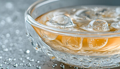 Close-up of ice cubes melting in amber liquid inside a glass bowl, water droplets on the surface.