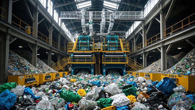 A recycling facility with large machines and heaps of sorted waste materials.