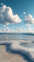 Obraz premium Serene beach gentle waves meet the sand under a bright blue sky and fluffy clouds