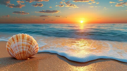 Seashell on shore, sun sets over water, gentle waves, cloudy sky