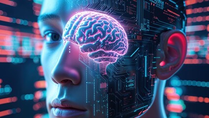 A futuristic depiction of a human head with a digital brain, merging technology and cognition.