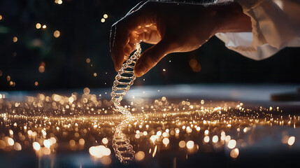 hand delicately holds glowing DNA strand surrounded by golden particles, symbolizing scientific innovation and discovery