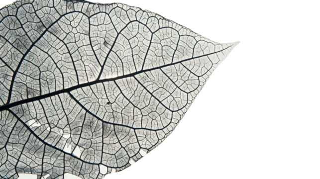 Close-up of a skeleton leaf showing intricate vein structure on transparent background