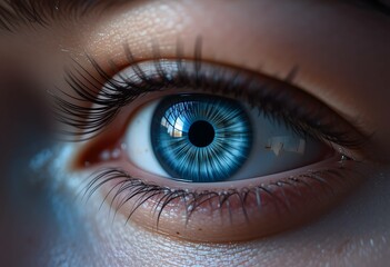 Obraz premium Macro closeup of a human's blue iris reveals intricate beauty