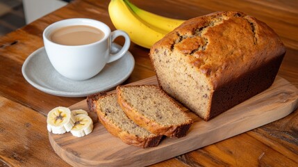 Fresh Banana and Artisan Loaf on Rustic Wooden Cutting Board Display