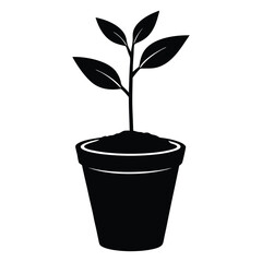 Simple black and white silhouette vector illustration of a plant growing in a pot on white background