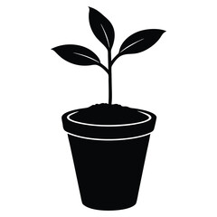 Simple black and white silhouette vector illustration of a plant growing in a pot on white background