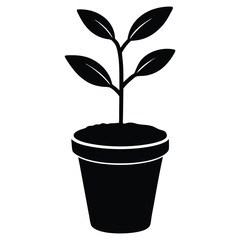 Simple black and white silhouette vector illustration of a plant growing in a pot on white background