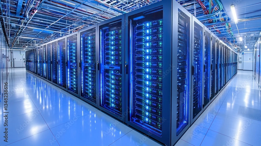 Poster server room rows of illuminated network servers in a blue-lit data center