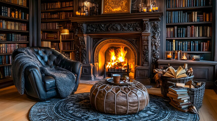Fototapeta premium Cozy library scene with a roaring fireplace, leather armchair, books, and a warm inviting atmosphere. Perfect for relaxation, reading, or winter holidays.