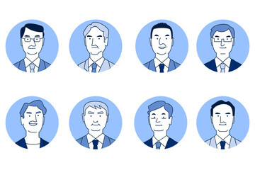 社長、取締役などの重役　中年男性　サラリーマンのシンプルな線画　顔アイコンセット