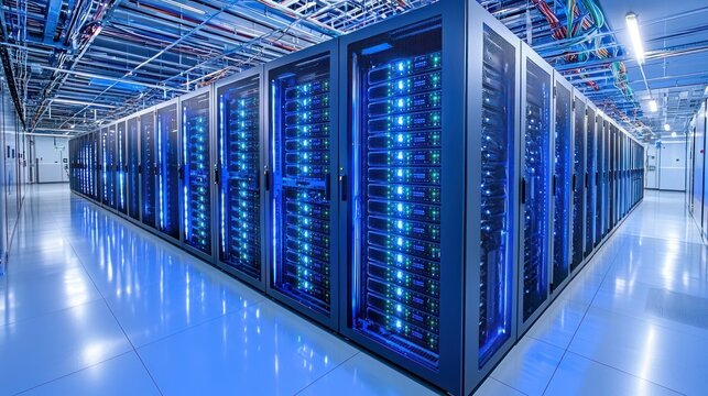Server room rows of illuminated network servers in a blue-lit data center