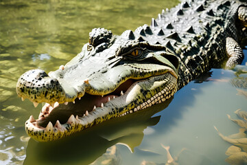 Obraz premium Powerful Crocodile Resting on Riverbank in Natural Habitat