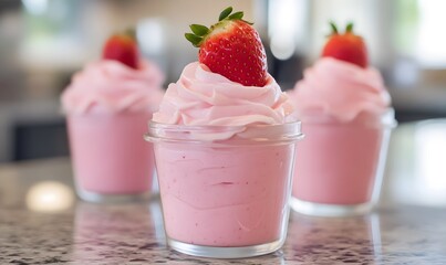 A delightful dessert featuring fluffy pink whipped cream swirled beautifully in clear glass jars, Generative AI
