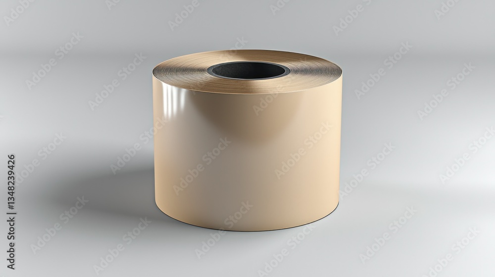 Poster shiny material roll with a dark core stands against a grey background