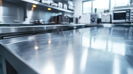 Shiny metal kitchen surface and stainless steel equipment in professional setting