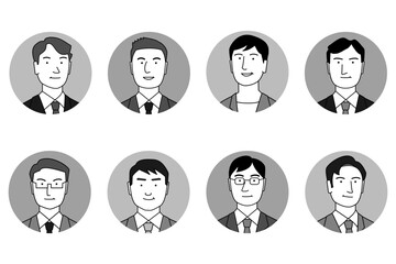 部長、課長などの上司　社長、取締役などの重役　サラリーマンのシンプルな線画　顔アイコンセット