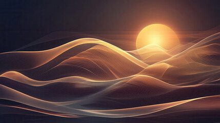 glowing sun rises over abstract, flowing wave like lines, creating serene and futuristic atmosphere