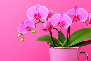 Vibrant pink Phalaenopsis orchids in a stylish pink pot against a matching pink background. Perfect for spring, summer, or feminine themes.