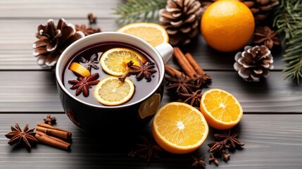 Fototapeta premium Warm and Inviting Cup of Hot Drink with Cinnamon and Orange Slices