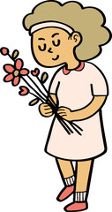 hand drawn cute cartoon character illustration of a girl with flowers.