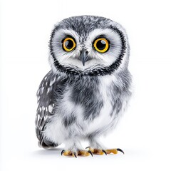 Fototapeta premium Close Up of a Young Gray and White Owl with Bright Yellow Eyes on White Background
