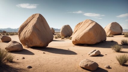 A serene desert landscape featuring large boulders and sparse vegetation under a clear sky.