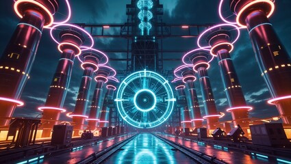 A futuristic industrial setting with glowing structures and a central energy portal.