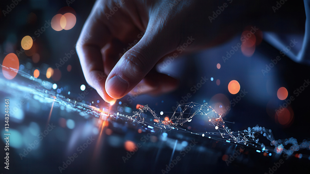 Poster close up of hand interacting with futuristic digital interface, glowing with vibrant lights and conn