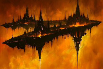 Obraz premium Dark fantasy floating city, fiery landscape, gothic architecture, dystopian cityscape, infernal realm, fiery sky, dark art, digital painting.