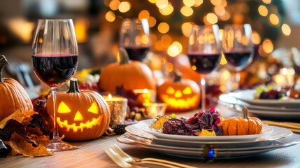 Halloween Dinner Celebration: A beautifully set dinner table is decorated with pumpkins, illuminated jack-o'-lanterns, candles, and glasses of wine, embodying the spirit of autumn festivities.