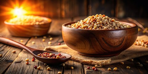 Nourishing boiled adlay, a healthy grain, rests in a rustic wooden bowl, accompanied by a wooden spoon.