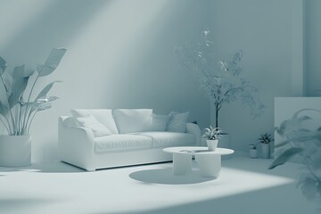 Minimalist living room with plants, light, modern furniture. Interior design, sunlit room