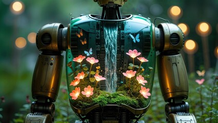 A robot with a transparent torso showcasing a vibrant garden, blending nature and technology.