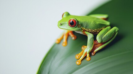 Obraz premium Colorful Tree Frog Sitting on a Green Leaf in Nature Scene