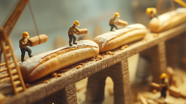 Miniature workers building bread structures bakery workshop creative photography indoor setting top-down perspective
