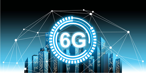 Futuristic smart city with 6G internet network. High-speed wireless communication, digital connection, and modern technology concept. Perfect for innovation, networking, and urban future themes.