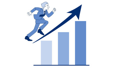 右肩上がりの棒グラフと勢いよく走るサラリーマン　ミドル　シニア　上司　社長