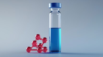 Glass vial with blue liquid and red molecular structure on surface