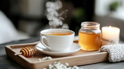 Relaxing Moment with a Warm Cup of Tea and Honey on a Cozy Tray