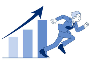 業績が上がっていく右肩上がりの棒グラフと颯爽と勢いよく走るサラリーマン　ミドル　シニア　上司　社長