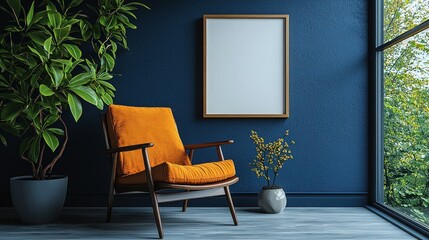 Modern room chair, blank frame, blue wall, plant, natural light