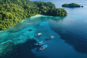 Pristine tropical islands with traditional boats. Lush greenery meets turquoise waters in a stunning coastal view